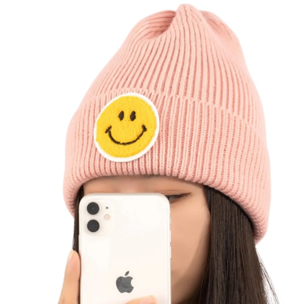 NWT Smiley Face Knit Winter Hat, Light Pink, One Size
